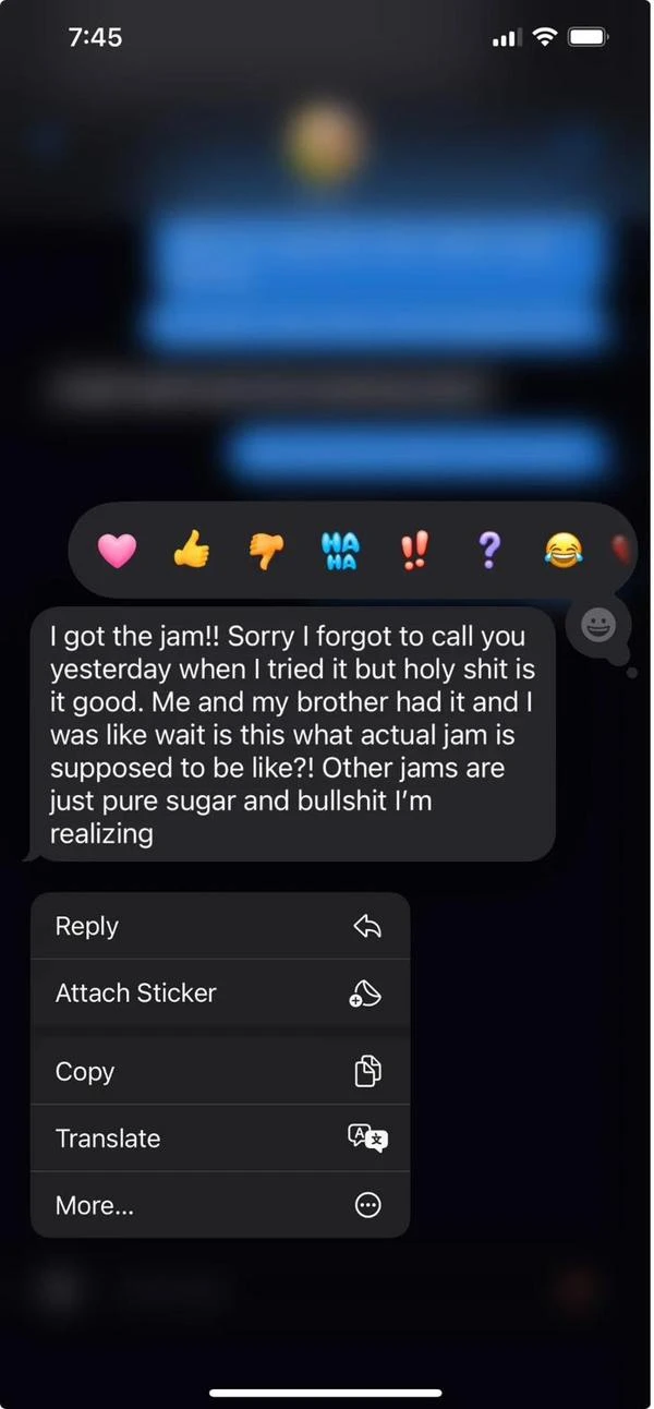 Customer text about jam